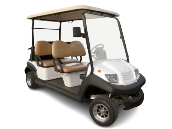 Carro de golf elegante color beige con techo extendido para pasajeros.